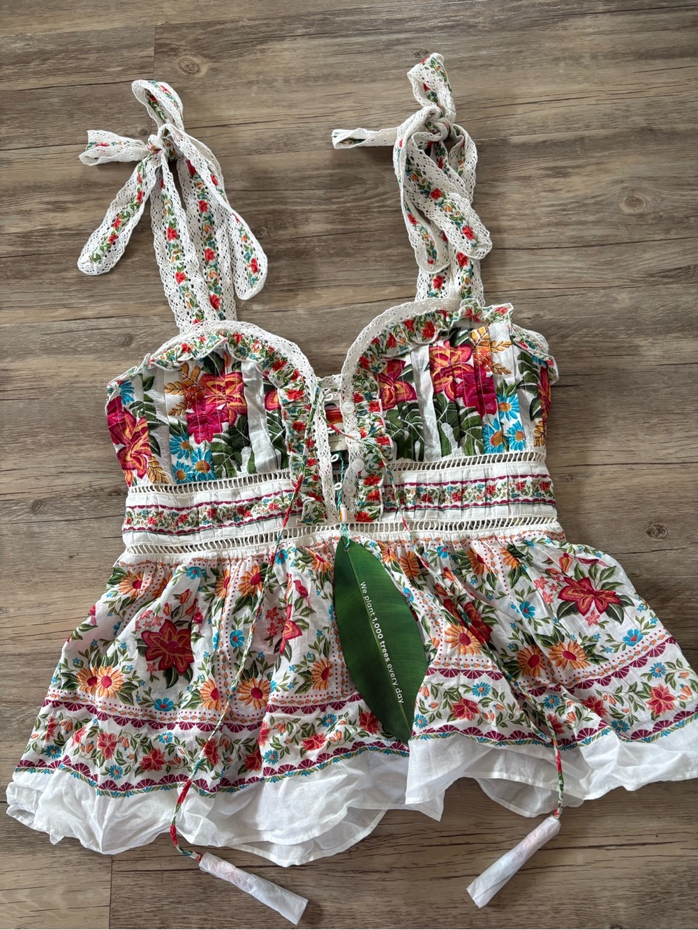 FARM Rio White Floral Tie-Shoulder Eyelet Crop Top